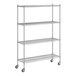 A Regency chrome mobile wire shelving unit with 4 shelves and wheels.