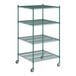 A Regency green wire shelving unit with wheels.