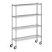 A white wireframe of a Regency chrome mobile wire shelving unit with 4 shelves and wheels.