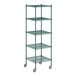 A Regency green wire shelving unit with wheels.