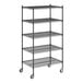 A Regency black wire shelving unit with wheels and five shelves.