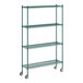 A green metal wire shelving unit with wheels.