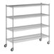 A Regency chrome wire shelving unit with wheels and four shelves.