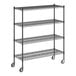 A Regency black wire shelving unit with wheels.