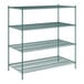 A green metal Regency wire shelving unit with four shelves.