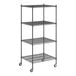 A Regency black wire shelving unit with wheels.