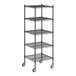 A Regency black wire shelving unit with wheels.