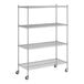 A Regency chrome wire shelving unit with wheels.