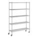 A Regency chrome wire shelving unit with wheels.