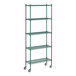 A Regency green epoxy wire shelving unit with wheels.