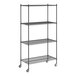 A Regency black wire shelving unit with wheels.