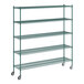 A green metal Regency wire shelving unit with wheels.