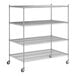 A Regency chrome wire shelving unit with wheels and four shelves.