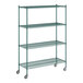 A green metal Regency wire shelving unit with wheels.