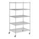 A Regency chrome mobile wire shelving unit with 5 shelves and wheels.