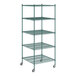 A Regency green wire shelving unit with wheels.