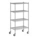 A Regency chrome mobile wire shelving unit with wheels.