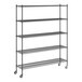 A Regency black wire mobile shelving unit with 5 shelves and wheels.