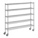 A Regency chrome wire shelving unit with wheels.