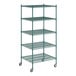 A Regency green wire shelving unit on wheels with 5 shelves.