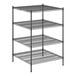 A black wire shelving unit with four shelves.