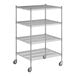 A Regency chrome wire shelving unit with wheels and four shelves.