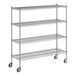 A Regency chrome wire shelving unit with wheels.