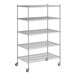 A wireframe of a Regency chrome mobile wire shelving unit with five shelves.