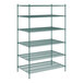 A green metal Regency wire shelving unit with six shelves.