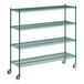 A green metal Regency wire shelving unit with four shelves.