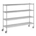 A metal shelving unit with four shelves.