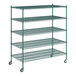 A Regency green wire shelving unit with five shelves.