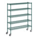 A Regency green metal wire shelving unit with wheels.