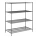 A black wire shelving unit with four shelves.