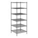 A black metal wire shelving unit with six shelves.