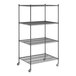 A Regency black wire shelving unit with wheels.