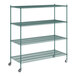 A Regency green epoxy wire shelving unit with wheels.