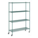 A green metal Regency wire shelving unit with wheels.