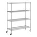 A Regency stainless steel wire shelving unit with wheels.