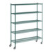 A green metal Regency wire shelving unit with wheels.