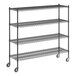 A Regency black wire shelving unit with wheels.