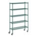 A Regency green metal wire shelving unit with wheels.