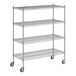 A Regency chrome mobile wire shelving starter kit with wheels and 4 shelves.