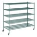 A green Regency wire shelving starter kit with four shelves.
