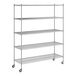 A Regency chrome wire shelving unit with wheels.