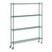 A green metal Regency wire shelving unit with wheels.