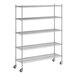 A Regency stainless steel wire mobile shelving unit with wheels.