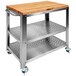 A metal and wood kitchen cart with a wooden top by John Boos & Co.
