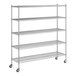 A Regency chrome wire shelving starter kit with wheels and five shelves.