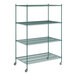 A Regency green wire shelving unit with wheels.